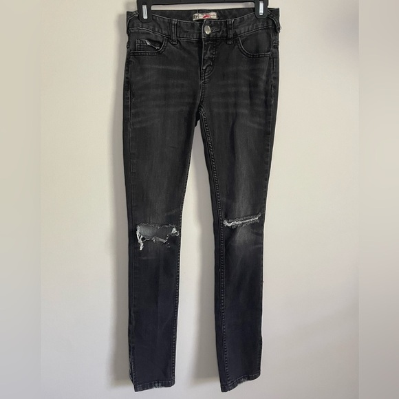 Free People Black Distressed Skinny Jeans with Split Hem - Picture 3 of 9